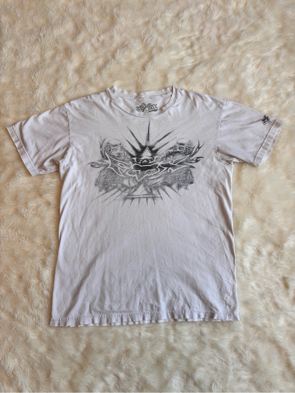 Vintage Y2K Fox Racing Distressed White Graphic Short Sleeve T Shirt Mens Medium